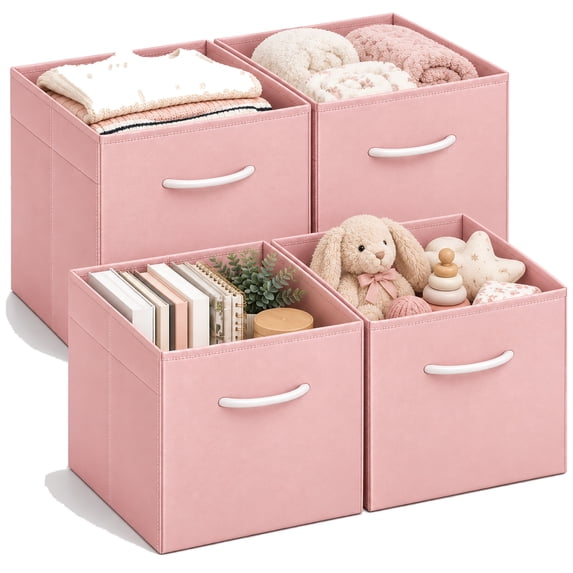 StorageWorks Soft Pink Cube Storage Bins with Handles, Collapsible Fabric Organizer for Nursery Kids Room and Closet, 4 Pack, 13 Inch