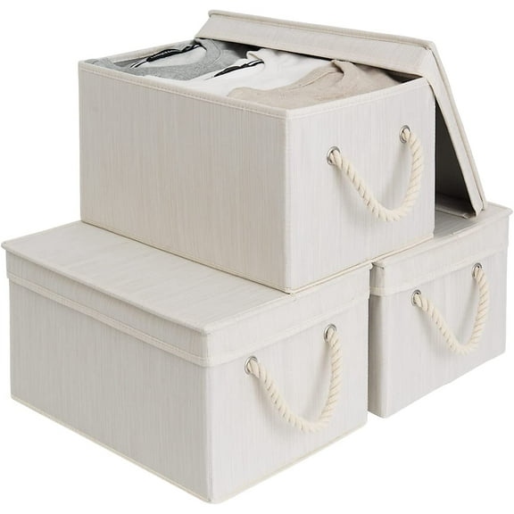 StorageWorks Storage Bins with Lids, Storage Boxes with Handles, Foldable Baskets for Closet, 3-Pack, Ivory and White