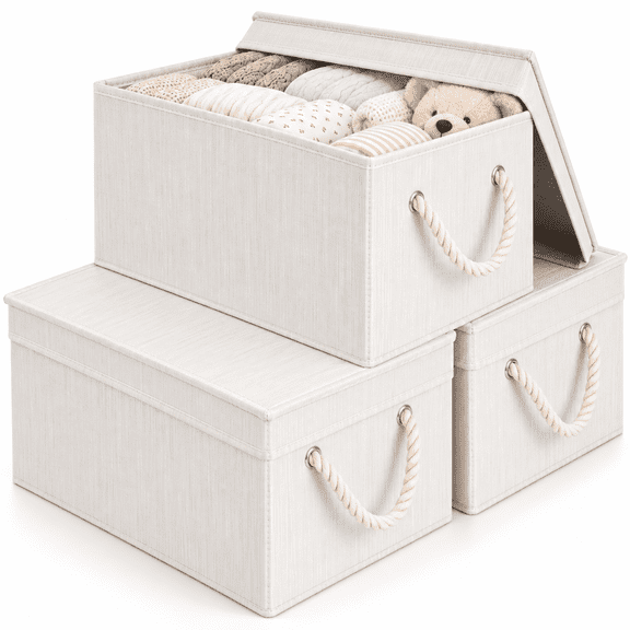 StorageWorks Storage Bins with Lids, Storage Boxes with Handles, Foldable Baskets for Closet, 3-Pack, Ivory and White