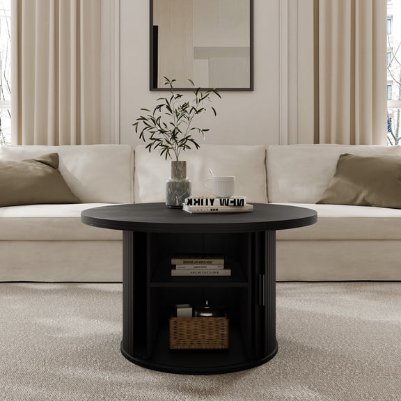 StorageWorks Tambour Door Round Coffee Table with Storage Shellf, Black, 19.7''H X 35.4''W