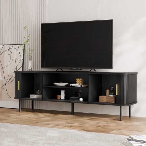 Mid-Century Modern Media Console, Tambour TV Stand with Storage Cabinet and Shelf for 70" TVs, Black