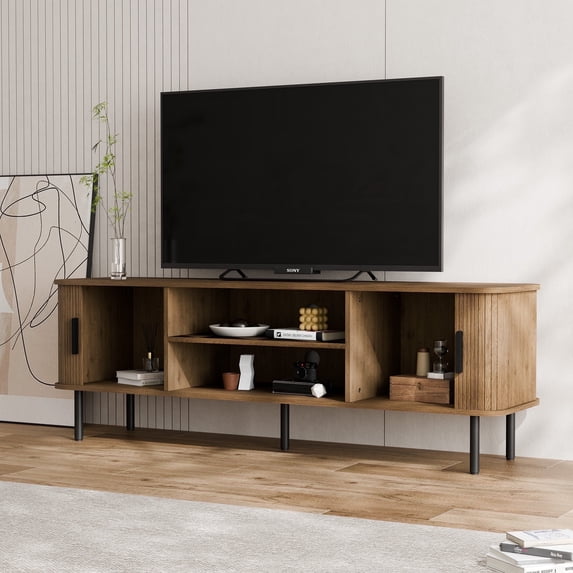 Mid-Century Modern Media Console, Tambour TV Stand with Storage Cabinet and Shelf for 70" TVs, Walnut Brown