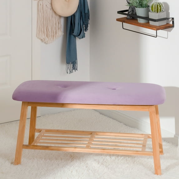 StorageWorks Tufted Fabric Bench, Entryway Bench with Shoe Storage Shelf, Purple