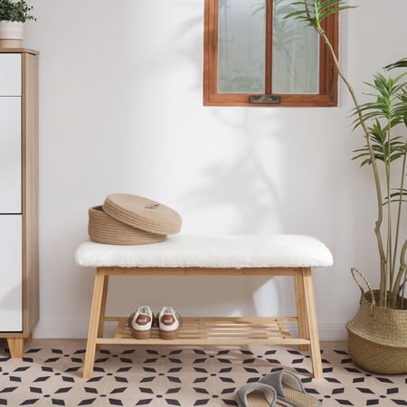 StorageWorks Tufted Fabric Bench, Entryway Bench with Shoe Storage Shelf, White