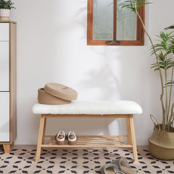 StorageWorks Tufted Fabric Bench, Entryway Bench with Shoe Storage Shelf, White