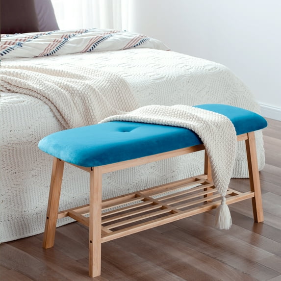 StorageWorks Tufted Fabric Bench Ottoman Bench, Blue