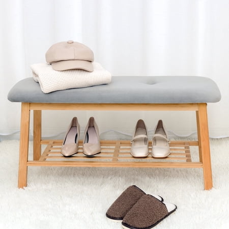 StorageWorks Upholstered Fabric Bench, Entryway Bench with Shoe Storage Shelf, Gray