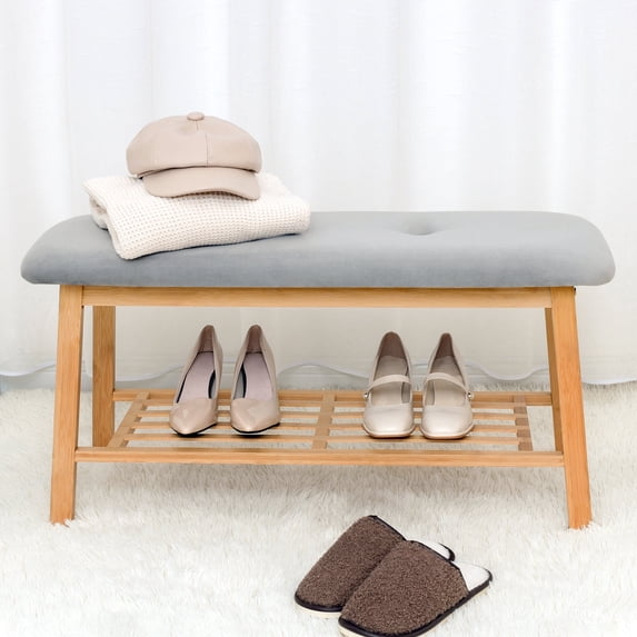 StorageWorks Upholstered Fabric Bench, Entryway Bench with Shoe Storage Shelf, Gray