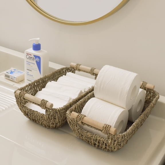 StorageWorks Wicker Storage Baskets with Handles, Woven Seagrass Baskets, Rattan Basket for Bathroom, 2-Pack, 12" x 7.2" x 4.7"