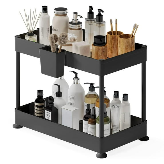 Storagebud 2 Tier Non-Slip Grip Kitchen Under Sink Organizer - Bathroom Cabinet Organizer with Utility Hooks and Side Caddy 1 Pack - Black