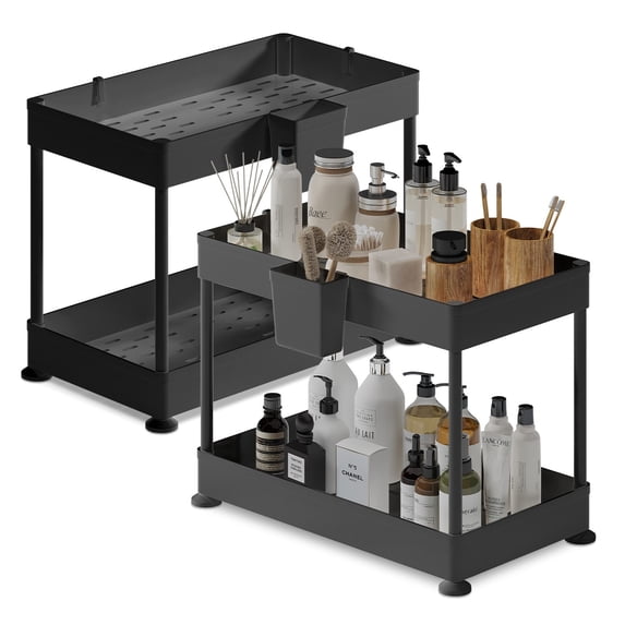Storagebud 2 Tier Non-Slip Grip Kitchen Under Sink Organizer - Bathroom Cabinet Organizer with Utility Hooks and Side Caddy 2 Pack - Black