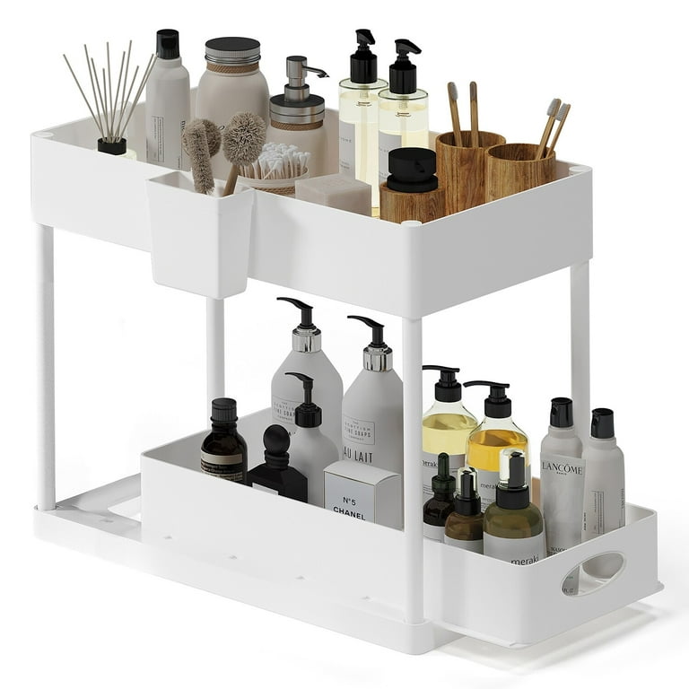 Storagebud 2 Tier Under Kitchen Sink Organizer with Sliding Drawer-Bathroom Cabinet Organizer with Utility Hooks and Side Caddy - 1 Pack - White