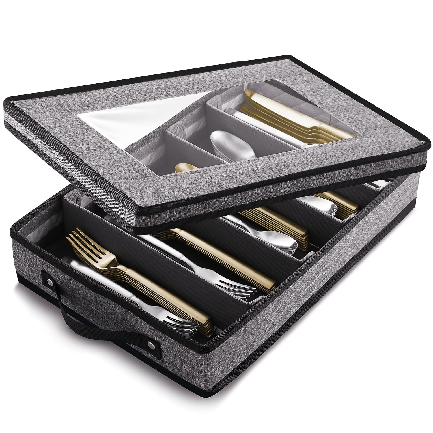 Gray Fabric Adjustable Flatware Storage Box with Padded Dividers