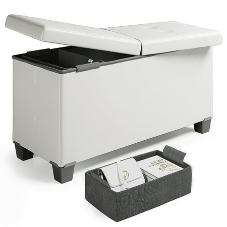 Storagebud Ottoman Storage Bench, Faux Leather 30" Storage Ottoman Bench, White