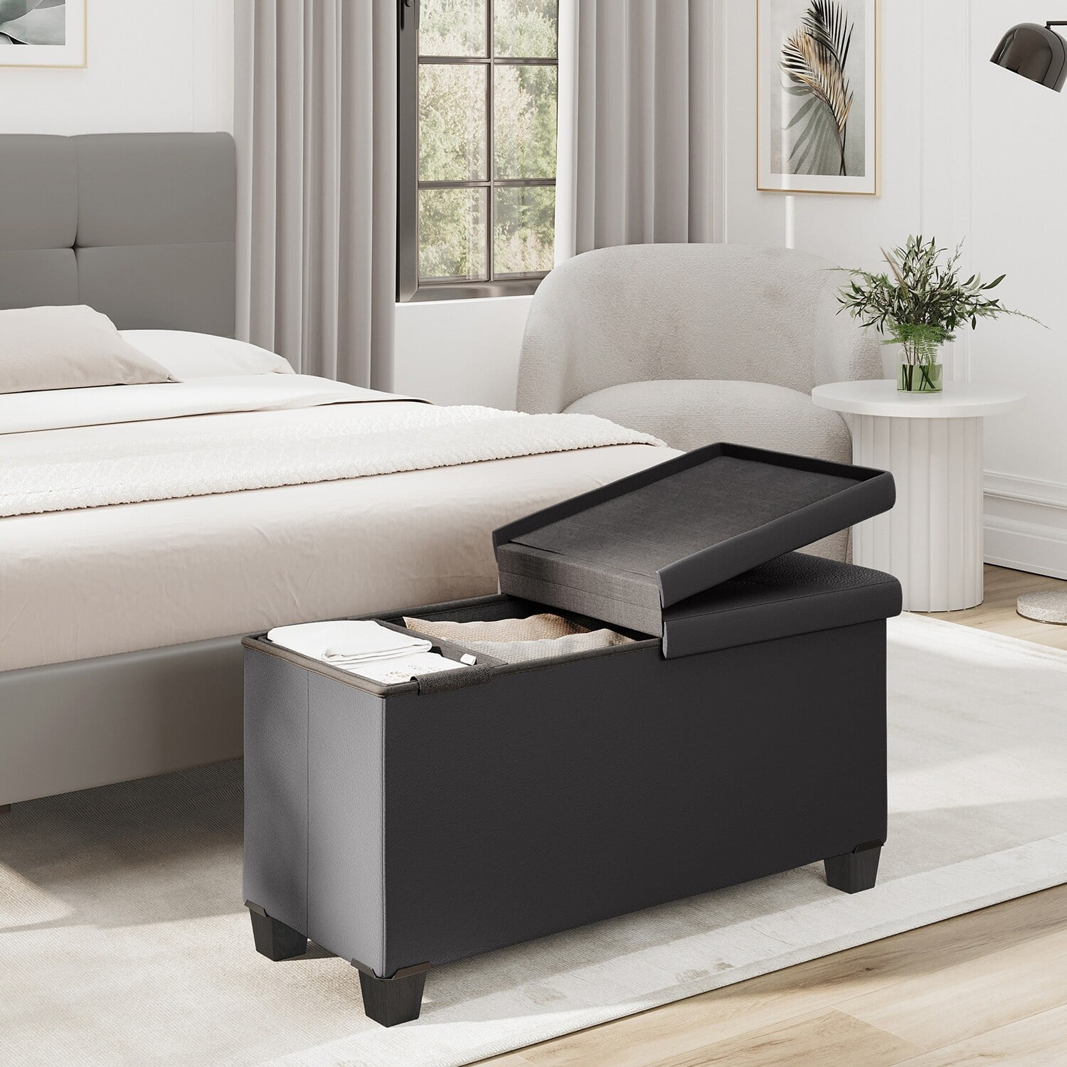 Grey leather 2024 storage bench