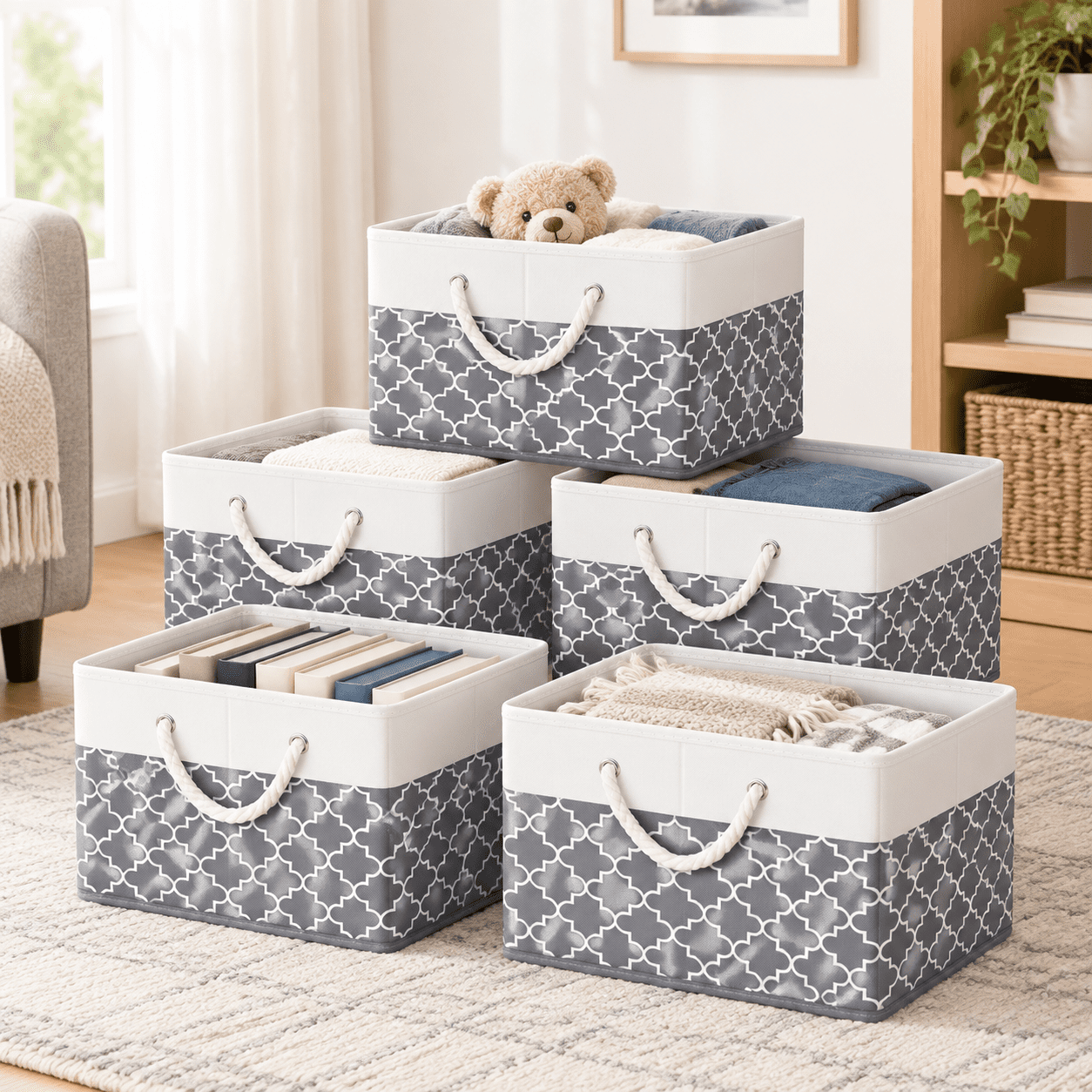 Bookbinding Rope Storb6-pack Foldable Baskets For Organizings Books Shelves Closet Large ...