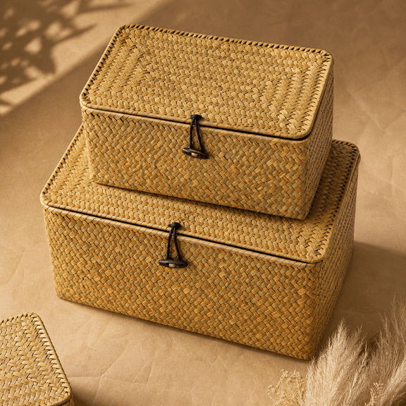 Storbasket With Lid Seagrbin Set Of 2 Shbaskets Multipurpose Container For Boho Decoration Rectangular Household Boxes Home Organization-