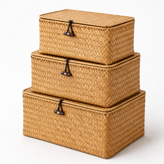 Storbasket With Lid Seagrbin Set Of 3 Shbaskets Multipurpose Container For Boho Decoration Rectangular Household Boxes Home Organization-