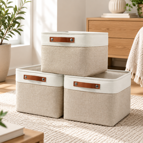 Storblarge Fabric Baskets For Shelves 3 Pack Decorative Linen Closet With Handles Organizing Shclothes Home Office 15x11x9.5inche