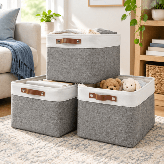 Storblarge Fabric Baskets For Shelves 3 Pack Decorative Linen Closet With Handles Organizing Shclothes Home Office 15x11x9.5inche