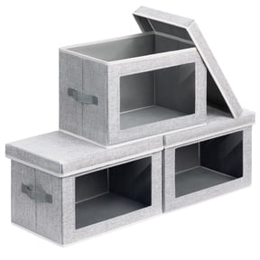 Storboxes With Lids - 3 Pack Fabricr Window B Collapsible Linen Closet Organizer For Clothes Towel Blanket Light Grey