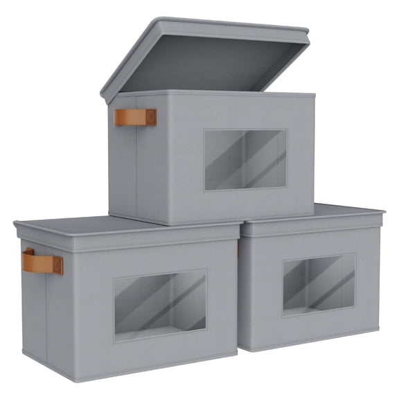 Storbwith Lids Collapsible Foldable Closet Boxes For Clothes [3-pack] Containers Handles Home Office Bedroom (grey 17" X 12"x 12")