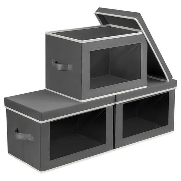 Storbwith Lids - Fabric Boxe Window Collapsible Closet Organizers Handles 3 Pack Decorative Bin Home Cubes Baskets For Clothes Hat Books Dark Grey