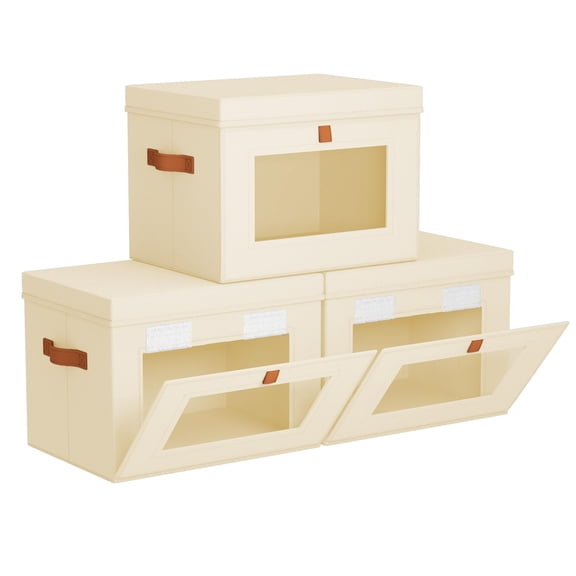 Storbwith Lids - Front Opening Boxr Window & Handles Stackable Foldable Fabric For Closet Organization Clothesers Towels Blankets 3 Pack Beige