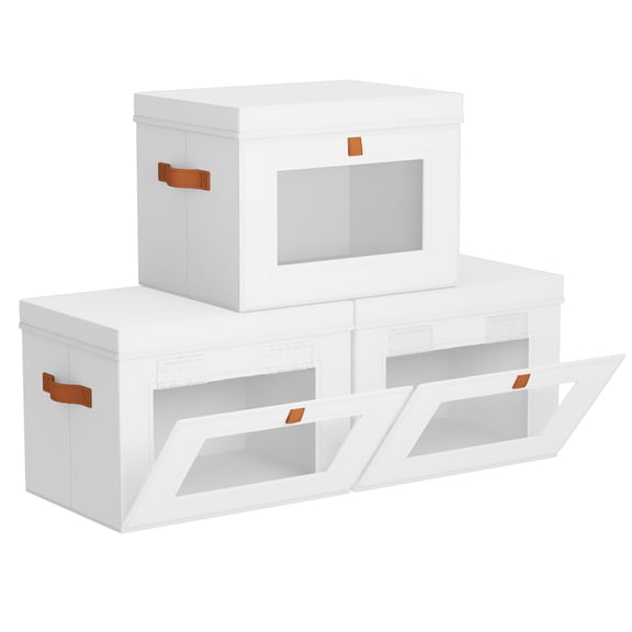 Storbwith Lids - Front Opening Boxr Window & Handles Stackable Foldable Fabric For Closet Organization Clothesers Towels Blankets 3 Pack White