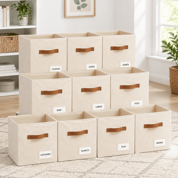 Storcubes 10 Pack 11 Inch Fabric Organizer Bwith Labels Odor-free & Sturdy Pp Structure Cubby Baskets For Closet Shelvess (beige)