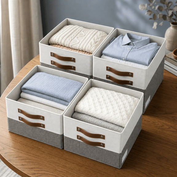 Storcubes 4 Pack Linen Foldable B(13 X 13 Inch) Withr Window And 2 Handles Closet Organizers For Shclothes Books - (gray White)