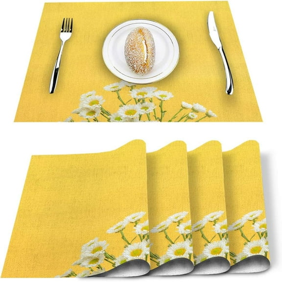 Store Daisy Print On Yellow Background Placemats Set of 6, Cotton Linen Heat Resistant Table Mats Non-Slip Washable Placemat for Holiday Banquet Dining Kitchen Table Decor