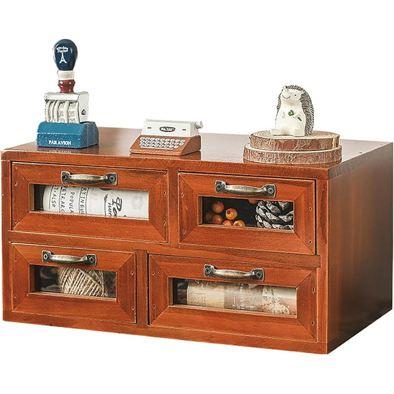 Mahogany Wood Desktop Organizer Cabinet, 4 See Through Drawer Display Chest for Work Table Vanity Dresser Kitchen Counter Storage