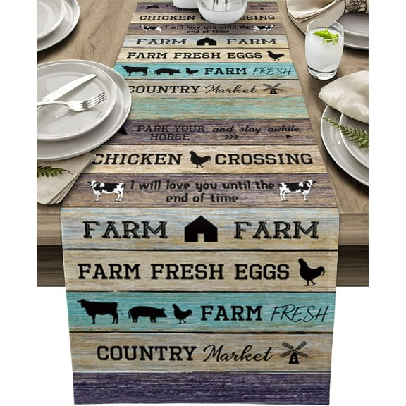 Store Farmhouse Cotton Linen Table Runner Dresser Scarves,Farmhouse Animals Barn Fresh Eggs Table Runners for Dinning Table,Farmhouse Kitchen Decor,Holiday Dinner Decoration-13x70 Inch