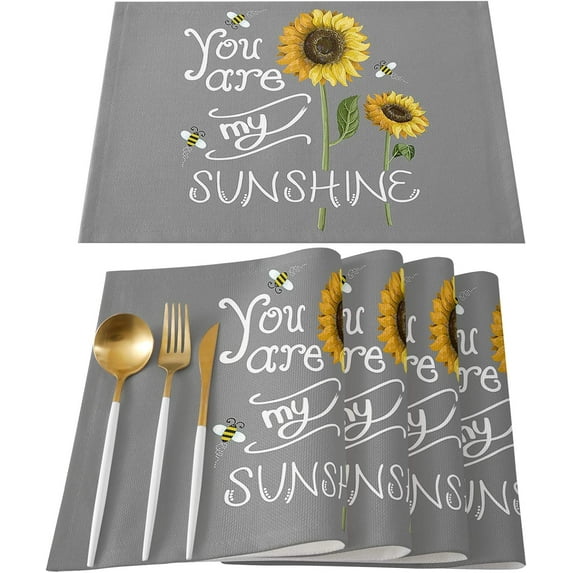 Store Grey Sunflowers Placemats Set of 4,Cotton Linen Heat Resistant Table Mats Washable You are My Sunshine Bees Gray Placemat for Holiday Banquet Party Dining Kitchen Table Decor