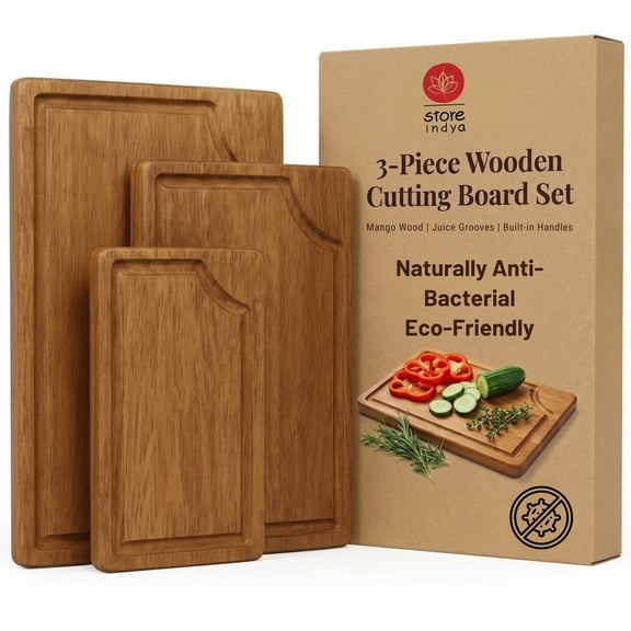 Store Indya 3-Piece Wooden Cutting Board Set with Juice Grooves, Mango Wood Chopping Boards for Kitchen Prep and Charcuterie Serving, Eco Friendly Multi Size Cutting Boards with Built-in Handles