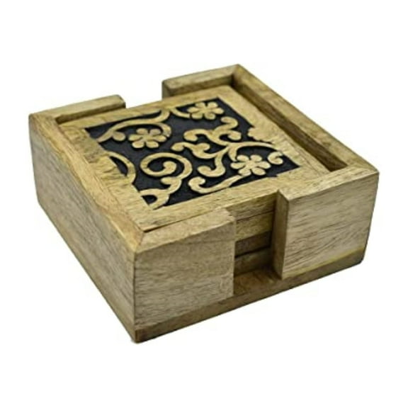 Store Indya Set of 4 Wooden Square Coasters with Holder for Tea Coffee Beer Wine Glass Drinks, Black Finish & Flower Carving, Tabletop Protection Perfect Coasters Fits Any Size of Drinking Glasses