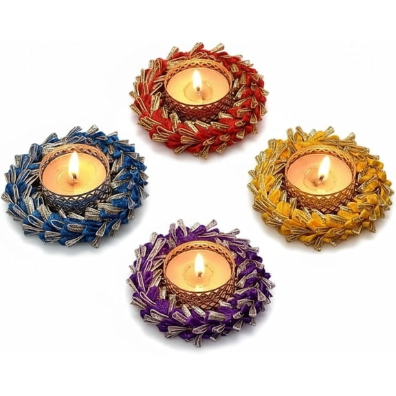 Store Indya Traditional Tea Light Holders Set of 4 Assorted Multicolor Diyas with Gota Work | Decorative Candle Holders for Diwali, Weddings & Home Dcor