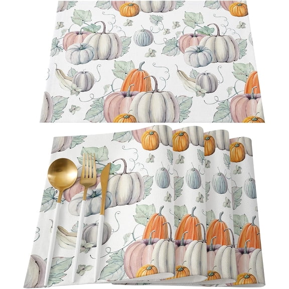 Store Thanksgiving Day Placemats Set of 6,Cotton Linen Table Mats Non-Slip Washable Watercolor Fall Harvest Farm Pumpkins Placemat for Holiday Party Dining Kitchen Table Decor
