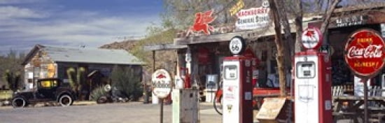 Store with a gas station on the roadside Route 66 Hackenberry Arizona USA Canvas Art - Panoramic Images (36 x 12)
