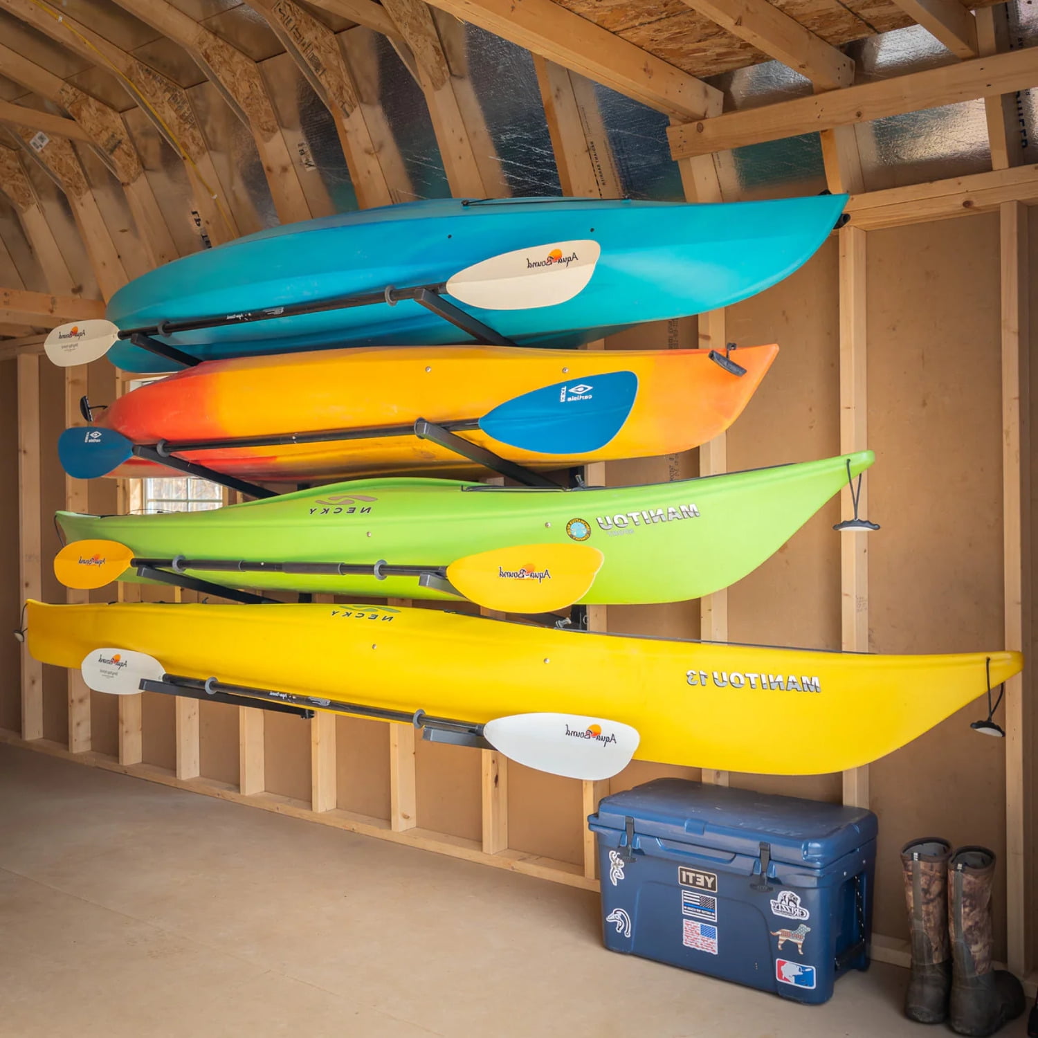 Premium Bamboo or Birch Kayak Rack & Paddleboard Rack - Horizontal Wall-Mounted Indoor and popular Garage Kayak Storage Rack - O'ahu Recliner