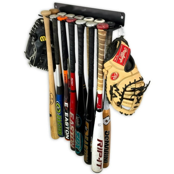 StoreYourBoard Baseball Bat Storage Rack, 14 Bat Caddy, Hanging Organizer, Wall or Fence Mount, Equipment Holder, Solid Steel, Gloves Helmets Cleats