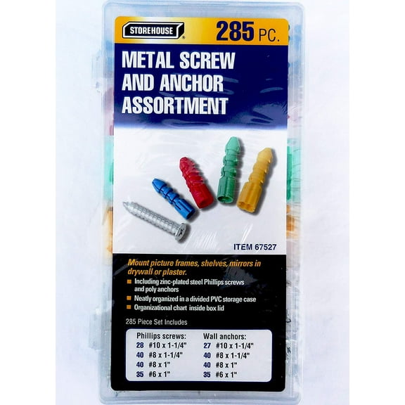 Storehouse 285 Pc. Metal Screw and Anchor Assortment for Mounting Frames, Shelves and Mirrors in Drywall or Plaster
