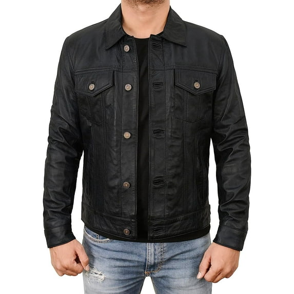Storejees Mens Trucker Black Leather Jacket - Moto Biker Casual Jacket for Adults