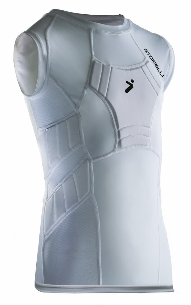 Storelli BodyShield Sleeveless Undershirt | Protective Soccer Base Layer | Lightweight Compression Top | Padded Chest an White ⁄ YL