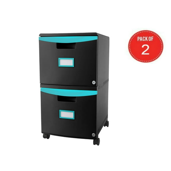 Storex 2-Drawer Mobile Filing Cabinet, Letter/Legal, Black/Teal, Pack of 2