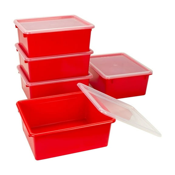 Storex Deep Storage Tray with Lid, Letter Size, 10 x 13 x 5 Inches, Red, 5-Pack