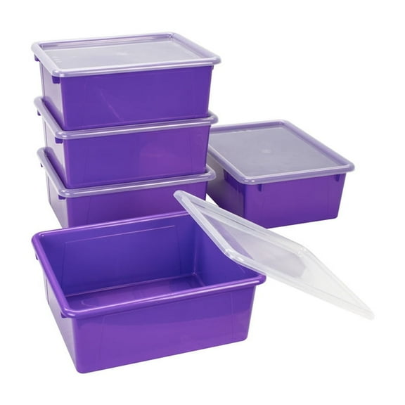 Storex Deep Storage Tray with Lid, Letter Size, 10 x 13 x 5 Inches, Violet, 5-Pack