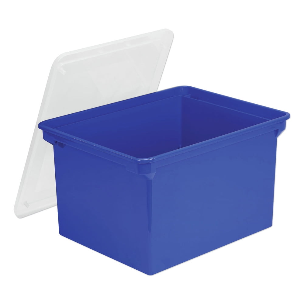 Blue Plastic File Tote with Clear Snap Lid, 18.5" x 14.25" x 10.88"