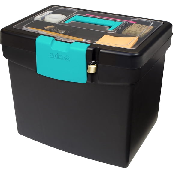 Storex File Storage Box with XL Storage Lid, 10-7/8 x 13-1/4 x 11 Inches, Black/Teal